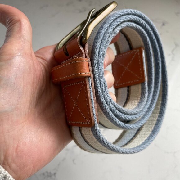 Eddie Bauer Outfitter Stripe Textile Belt Brass Buckle Leather Trim  34"-38" - Picture 3 of 10